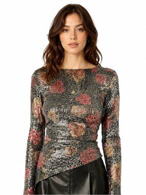 Intimately by Free People Sequin Floral Long Sleeve Top – Silver & Red Sparkle